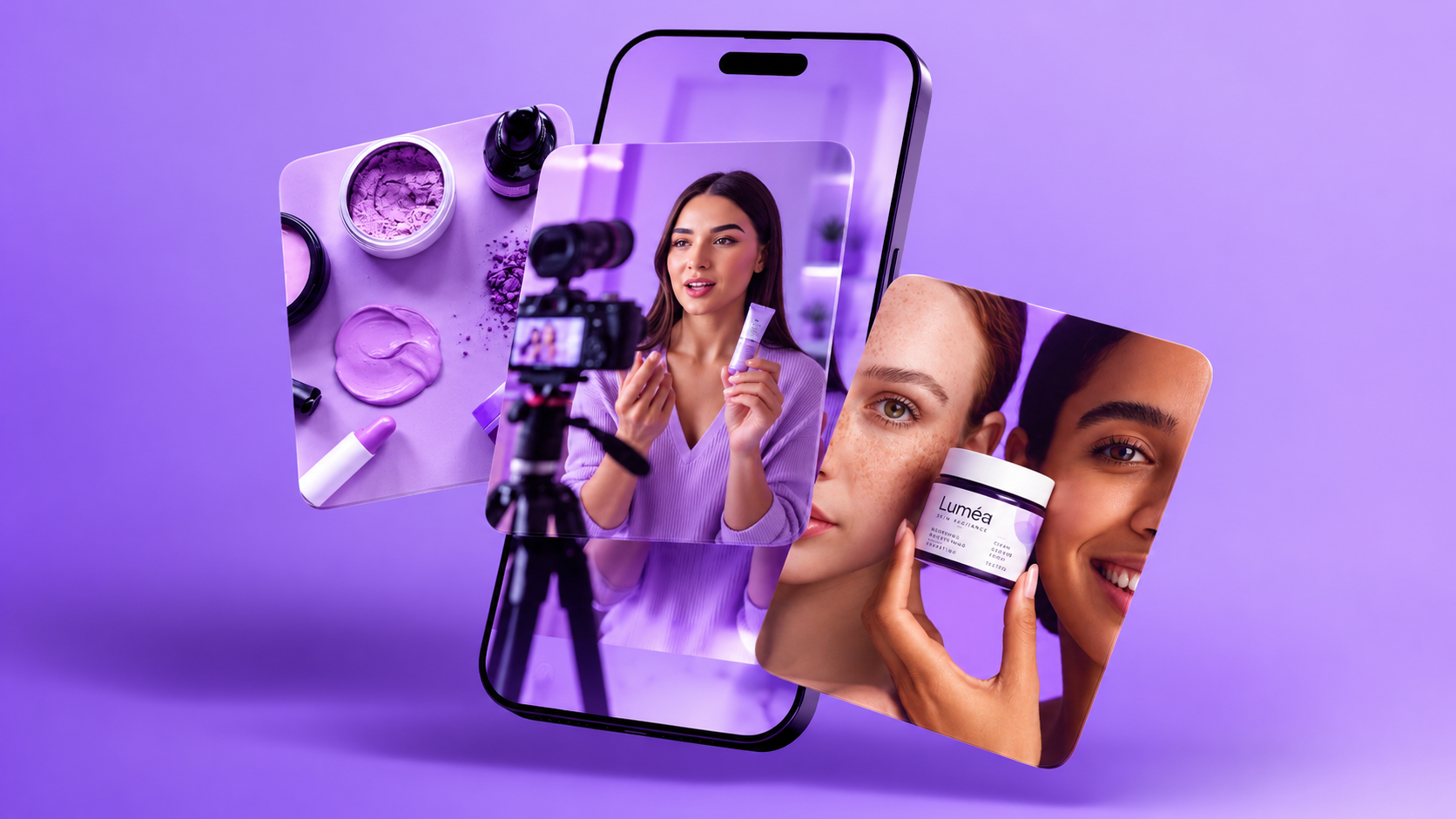 A smiling man using a smartphone, surrounded by floating phones showing creator videos and social interaction icons against a purple background.